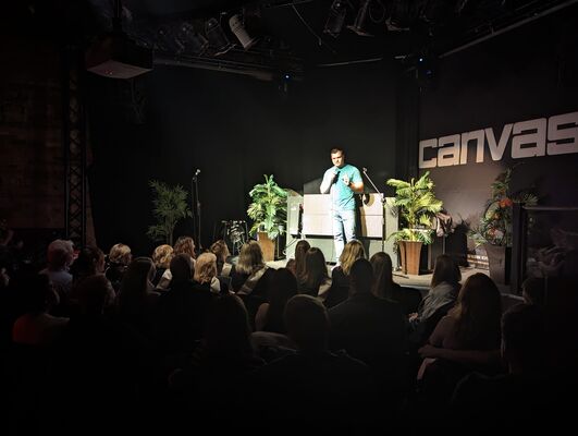 Comedy club MC and compere welcoming audience to Jaggers Bournemouth