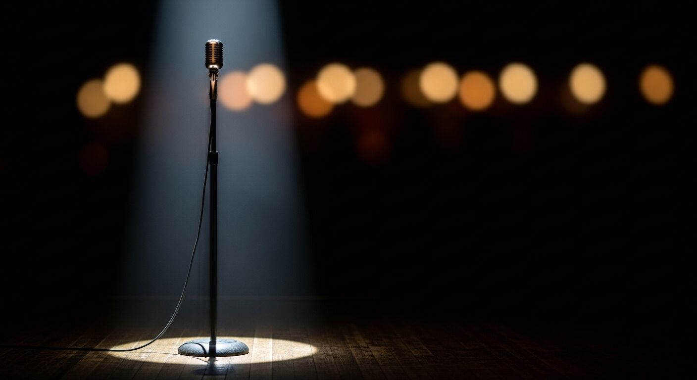 Professional microphone and stage setup ready for stand-up comedy performance